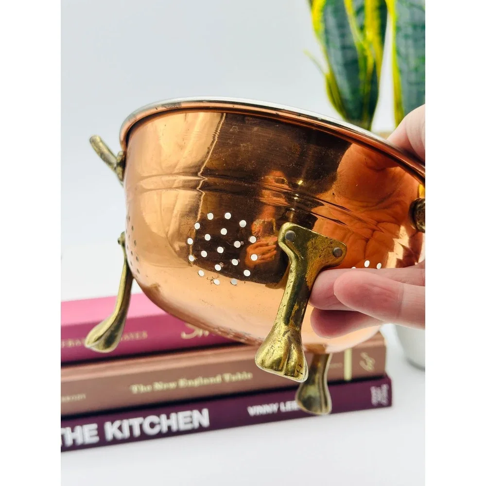 Vintage Copper Brass Colander Berry Strainer Lion Paw Feet Footed 7.5